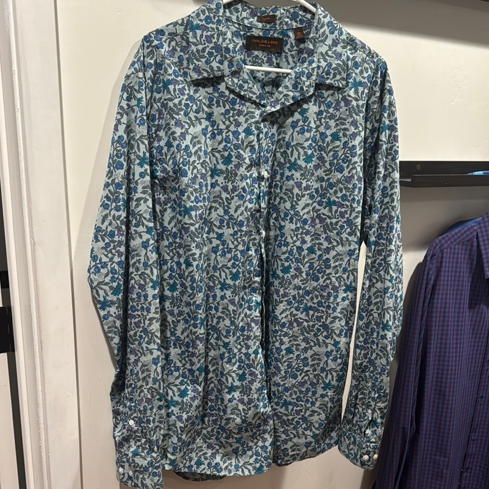 Blue Casual Button Down Shirt with Intricate Pattern